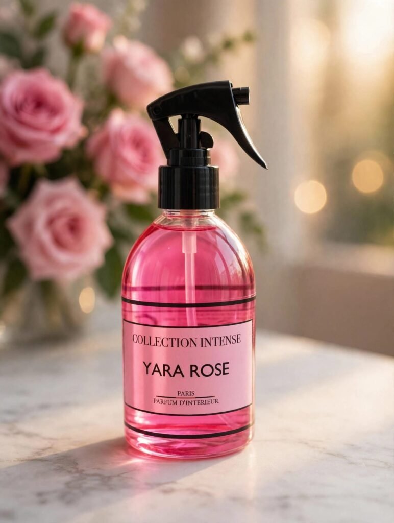 Spray textile yara rose collection intense – vêtements canapé lit voiture